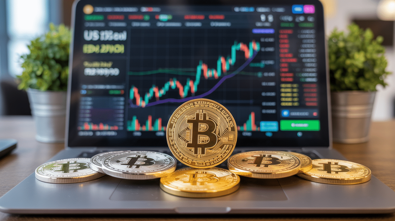 A cryptocurrency trading screen showing Bitcoin's price surge and US legislation news, emphasizing the link between the new laws and Bitcoin’s growth.