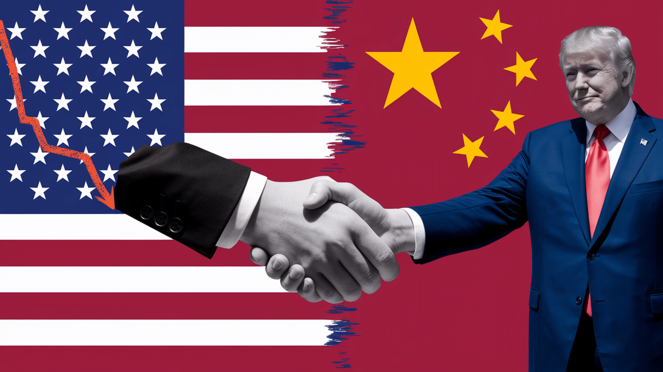 An economic graph showing a downturn halted by a US-China handshake, representing the potential impact of Trump’s trade breakthrough on the US economy.