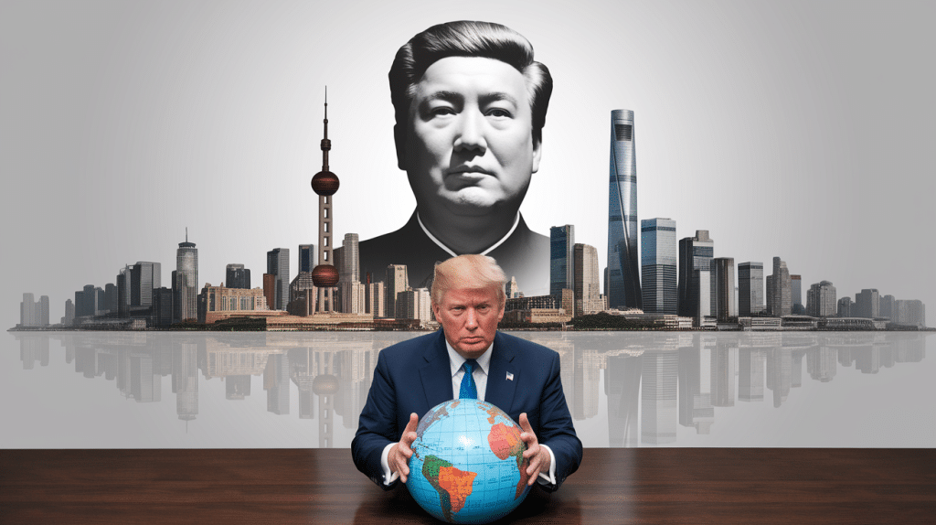 Mao's portrait blending into Beijing’s skyline with Trump in front of a globe, symbolizing the merging of China’s past leadership and America’s current political shift.