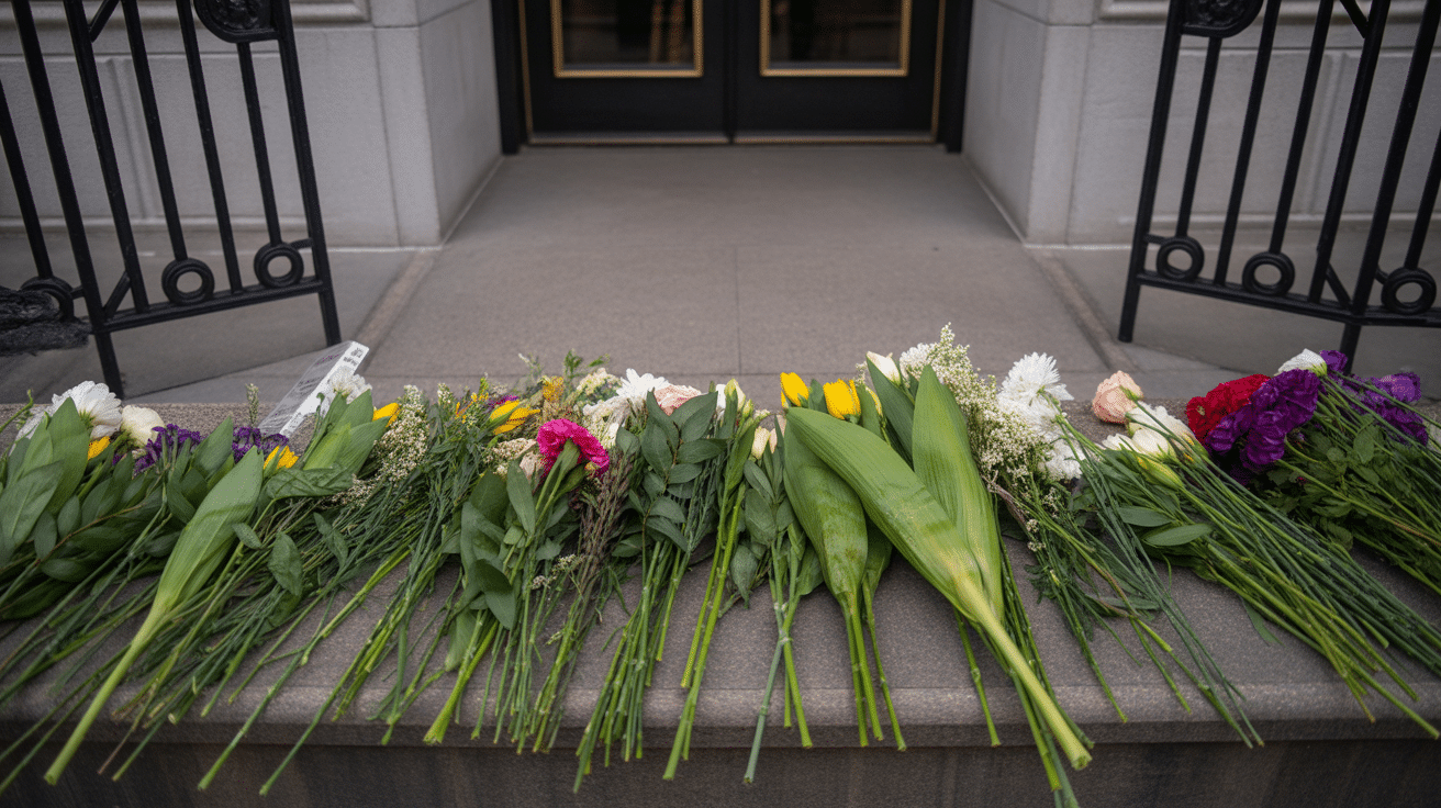 Memorial flowers placed at the scene of the shooting near the Capital Jewish Museum, in honor of the Israeli embassy staff killed in Washington, DC.