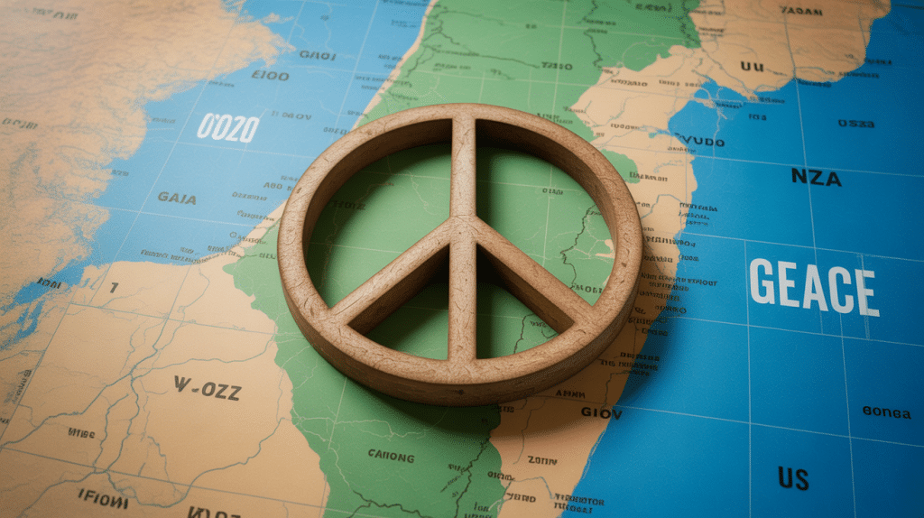 A map of Israel and Gaza with a peace symbol, symbolizing the US efforts to broker a ceasefire between the two regions.
