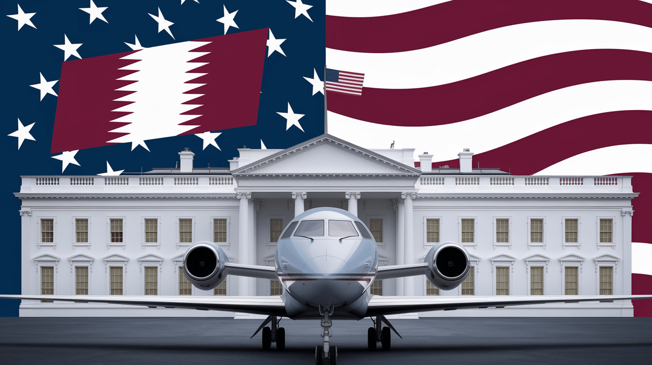 Trump receives a jet from Qatar, with officials in the background, highlighting the political and ethical questions raised by the gift.