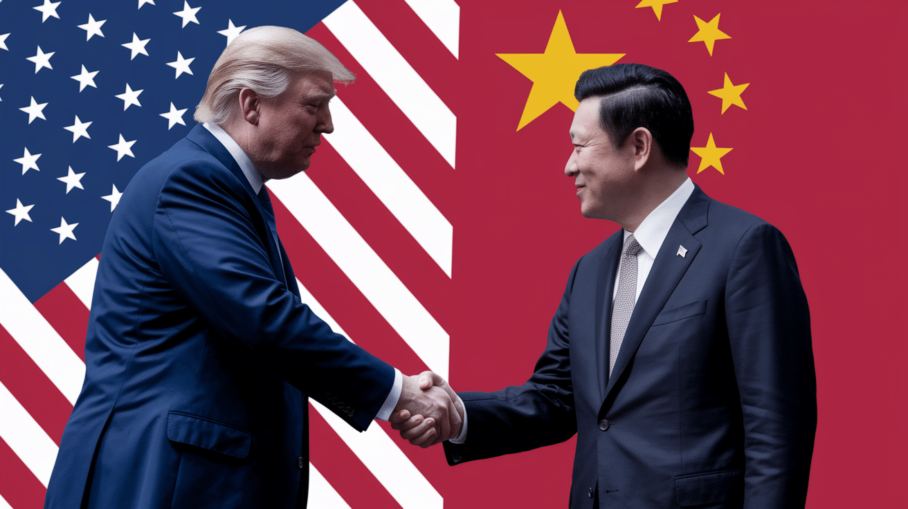 Donald Trump shakes hands with a Chinese official, symbolizing the trade breakthrough that could help avoid a self-inflicted recession in the US.