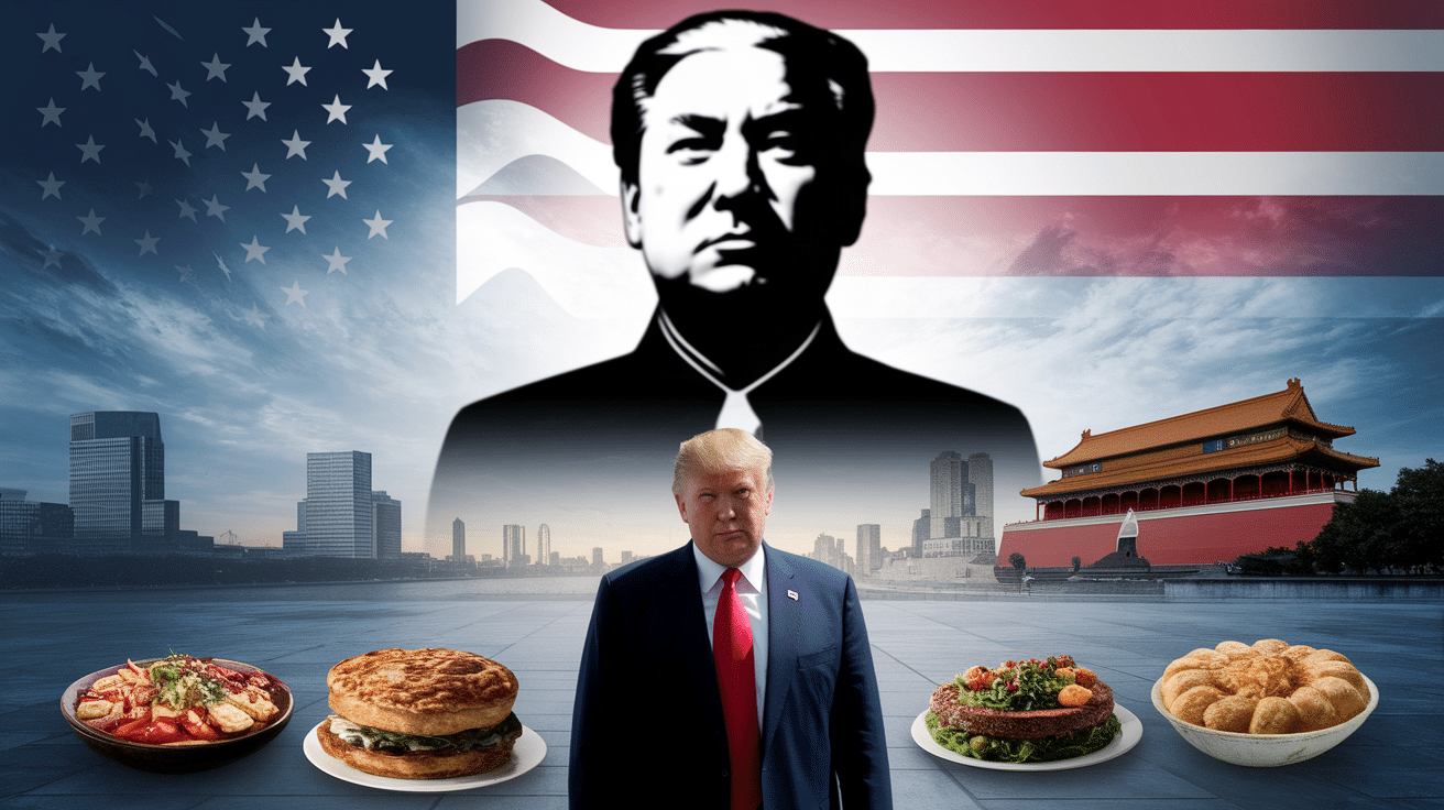 A symbolic image contrasting Donald Trump with the shadow of Mao Zedong, representing the political echoes between Trump's influence on America and China's past.