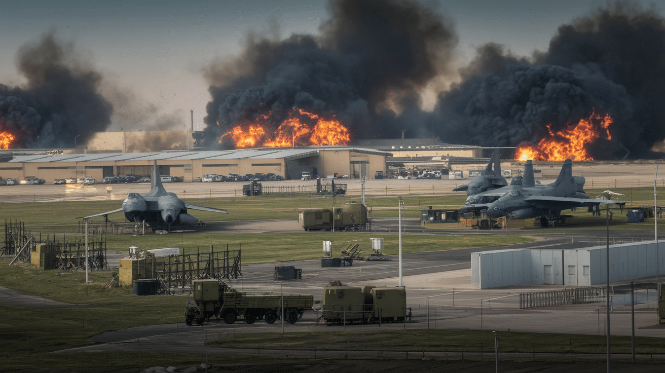 A military scene showing an attack on Al Udeid Air Base in Qatar, with explosions and smoke highlighting the severity of the situation.