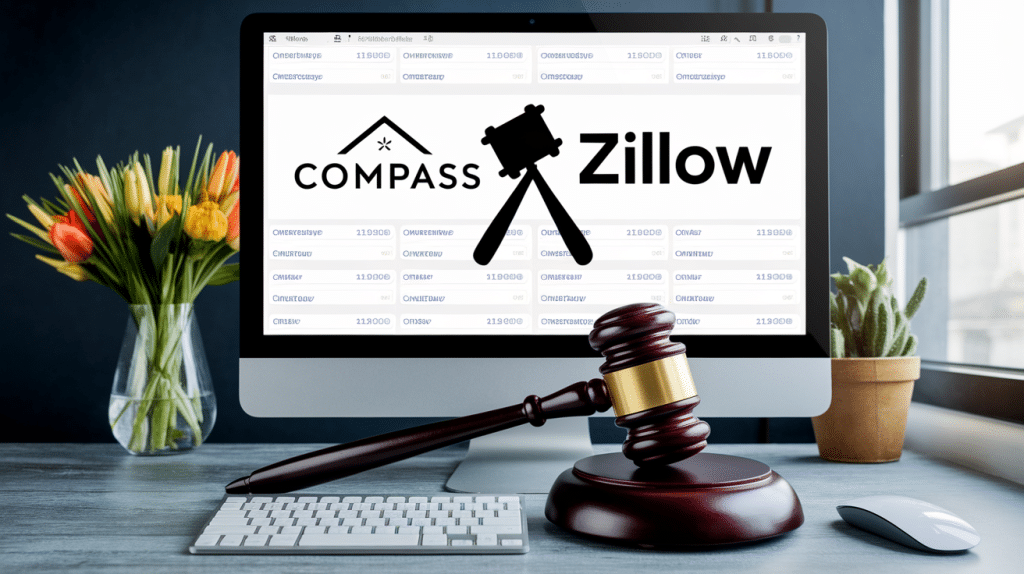 A computer screen showing Compass and Zillow logos side by side, with a gavel symbolizing the ongoing lawsuit over privately marketed listings.
