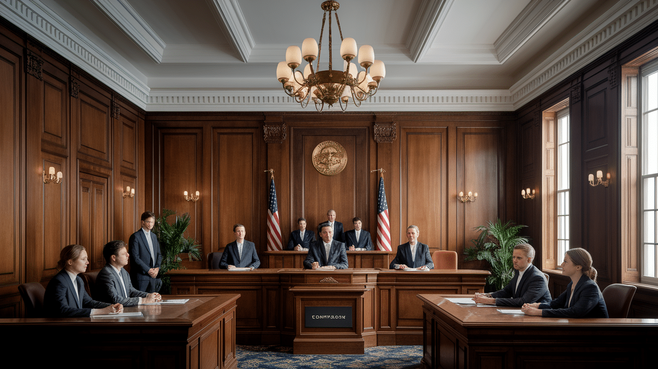 Lawyers representing Compass and Zillow in a courtroom, highlighting the legal fight over privately marketed real estate listings.