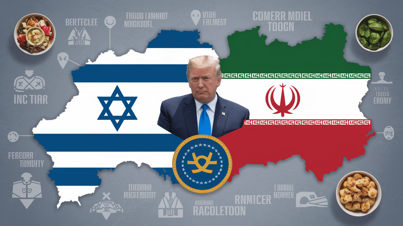 A map of the Middle East with Israel and Iran highlighted, symbolizing the diplomatic ceasefire announced by Trump amidst rising tensions.