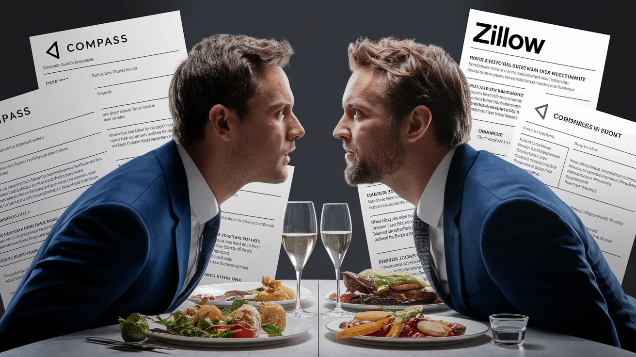 Compass and Zillow figures facing off in a dramatic standoff, symbolizing the legal conflict over privately marketed real estate listings.