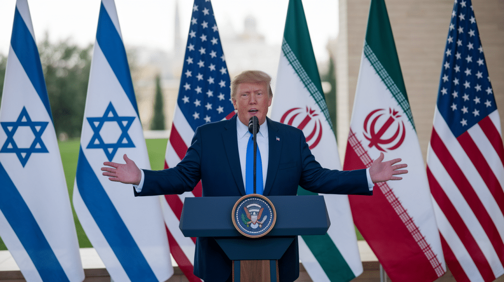Donald Trump announces a ceasefire between Israel and Iran, with the flags of Israel, Iran, and the US visible in the background.