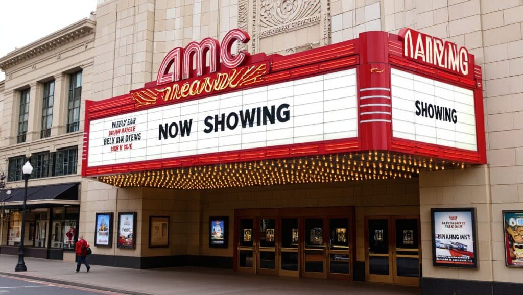 AMC theater marquee with ads on the big screen, symbolizing the shift in cinema advertisements and the impact on moviegoers.