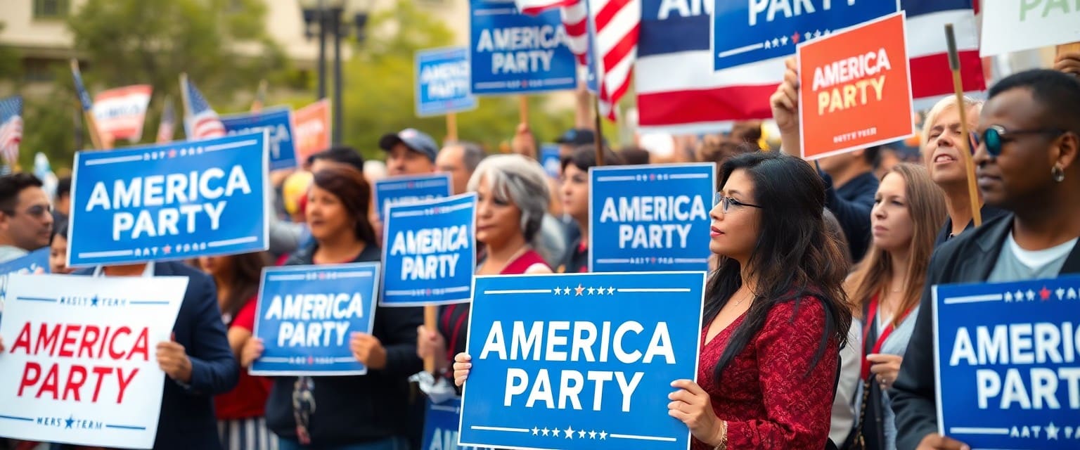 Supporters at a political rally holding 'America Party' banners and signs