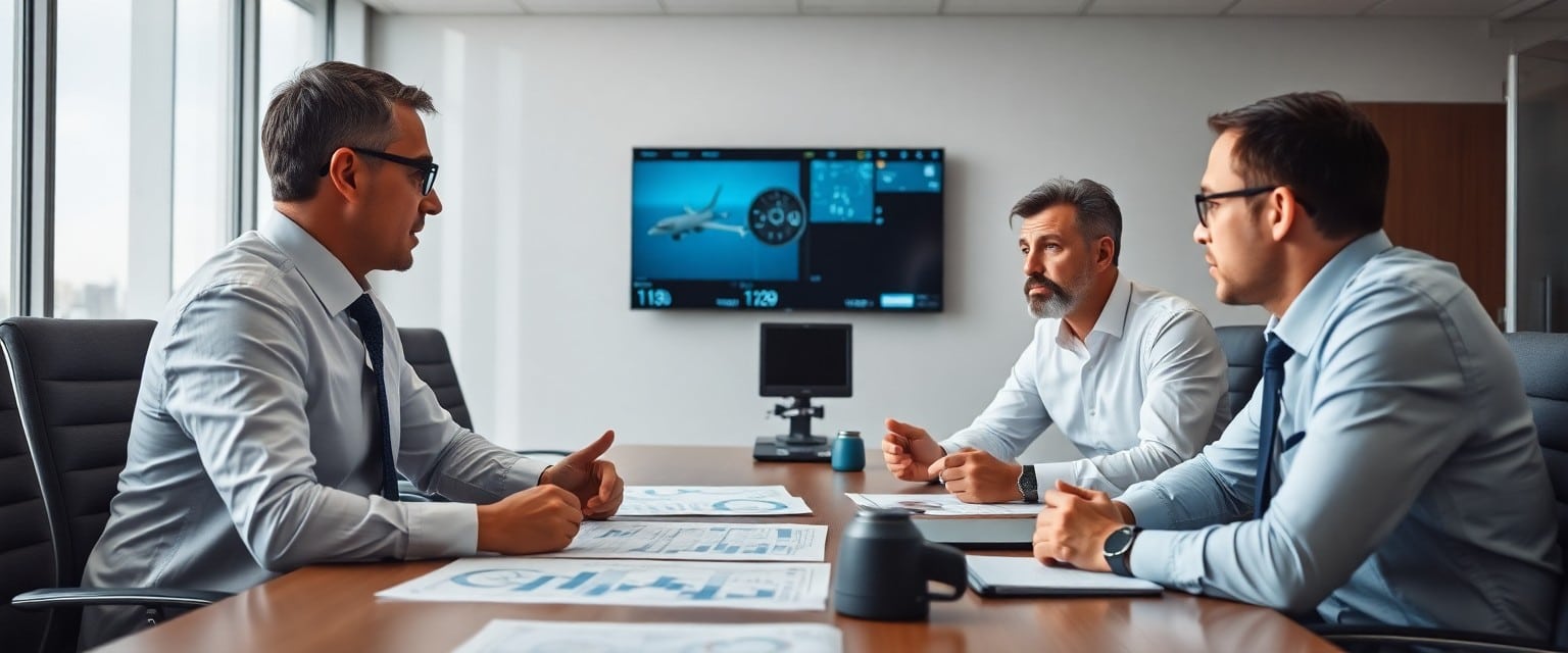 Aviation safety experts in a conference room discussing cockpit video recorder implementation