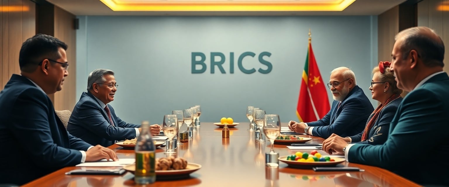 Leaders from Brazil, Russia, India, China, and South Africa seated around a conference table at the BRICS summit in Rio de Janeiro