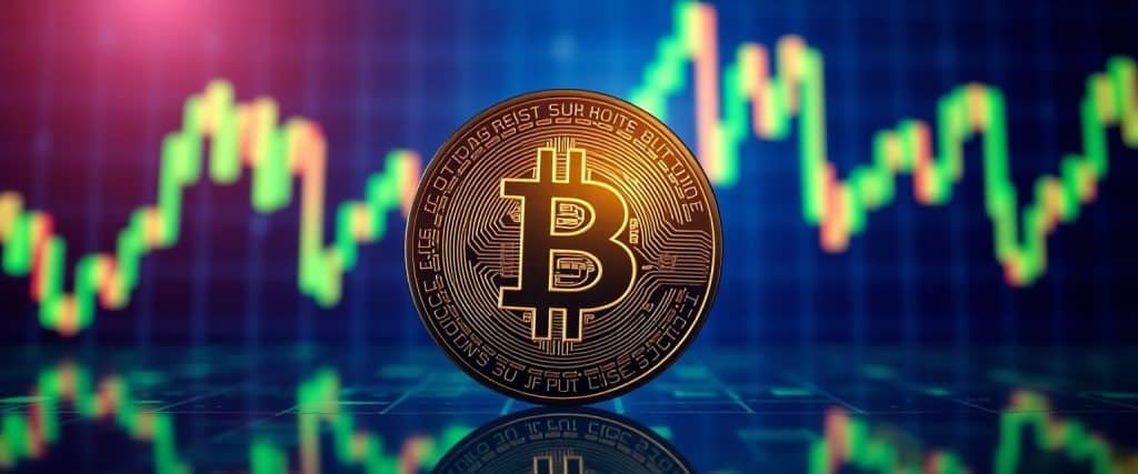 Bitcoin coin glowing against a backdrop of a stock market chart showing an upward trend