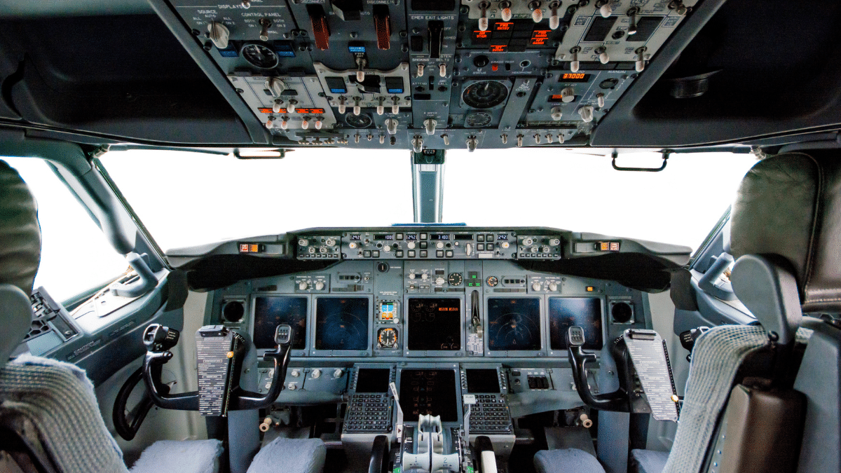Interior of a Boeing 787-8 cockpit with a digital camera mounted above the instrument panel