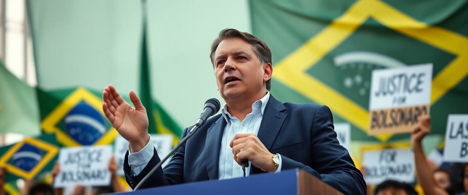 Former Brazilian President Jair Bolsonaro speaking at a rally with supporters holding signs