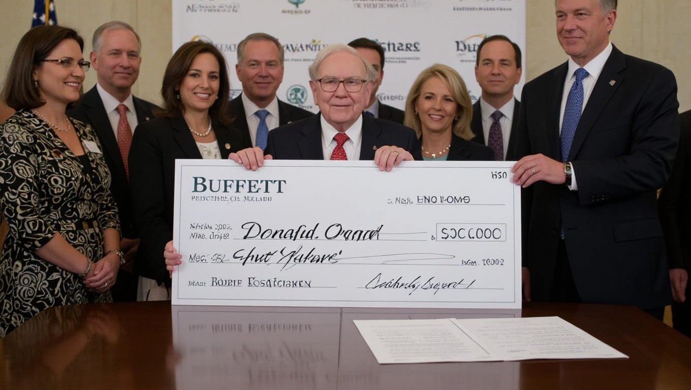 A close-up of Warren Buffett's donation check placed on a table, symbolizing his record-breaking charitable contribution.