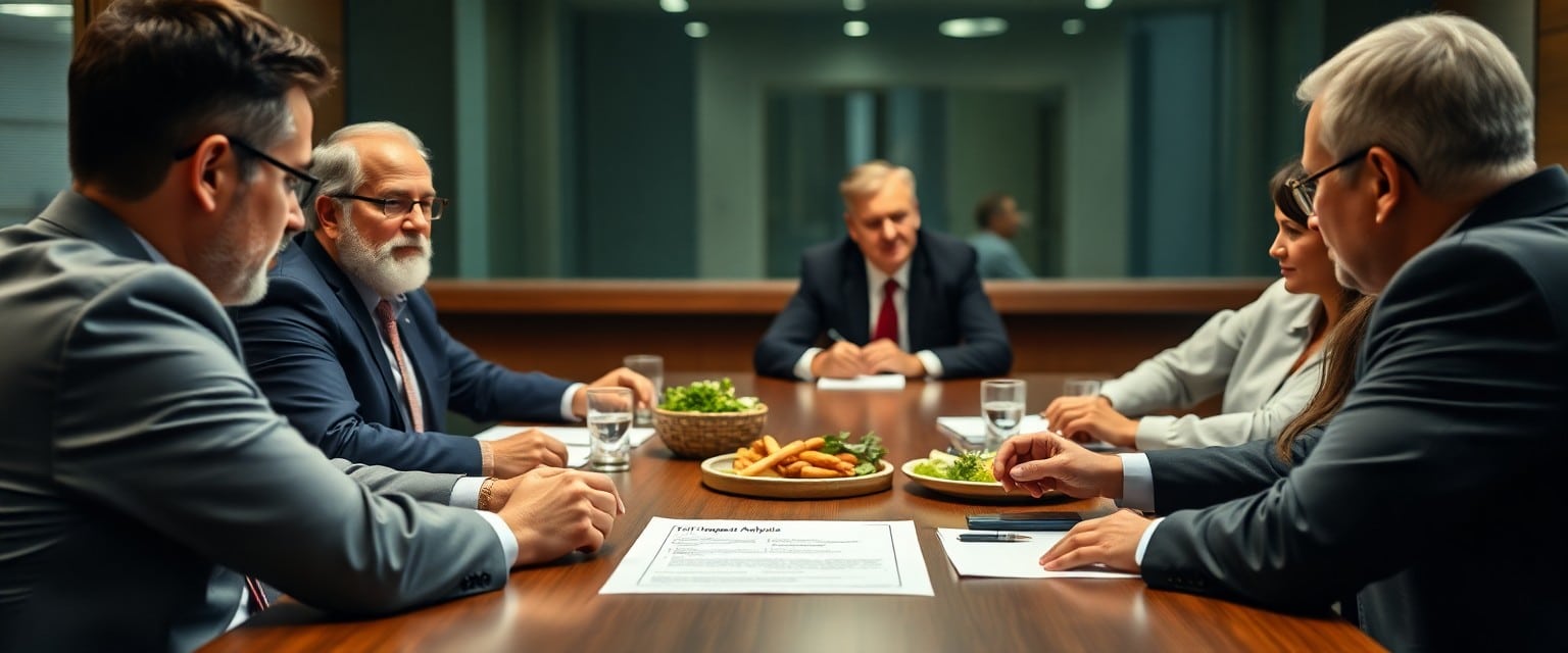 Meeting between business leaders discussing trade policies, focusing on 'Tariff Impact Analysis.'
