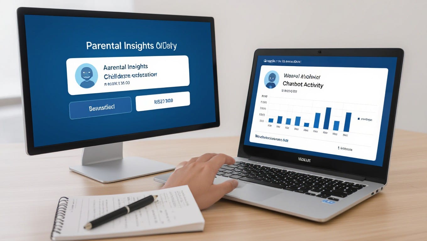 A computer screen showing Character.AI's 'Parental Insights' feature, displaying a weekly report of a child's chatbot activity.