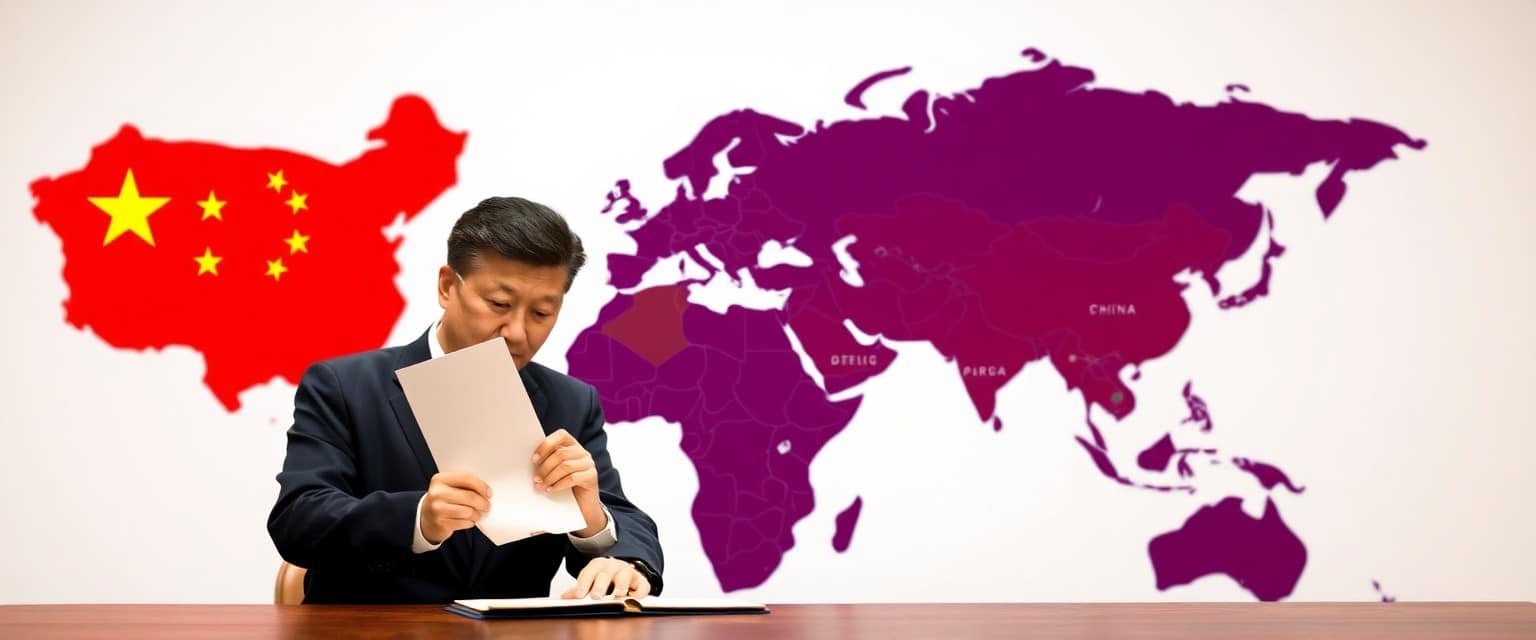 Chinese official signing export restriction documents with a world map in the background