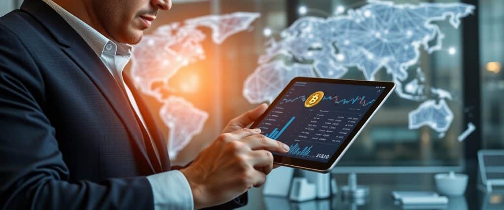 Corporate executive reviewing stablecoin transactions on a digital tablet in a modern office setting