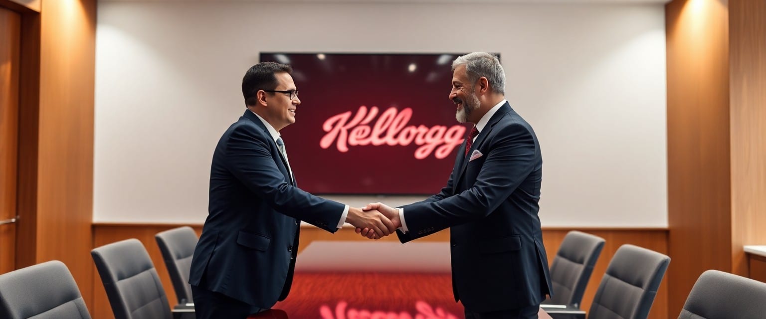 Executives from Ferrero and WK Kellogg shaking hands in a corporate boardroom, symbolizing the acquisition