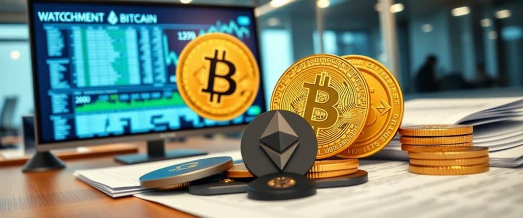 Cryptocurrency firm office with digital assets and blockchain data on a computer screen