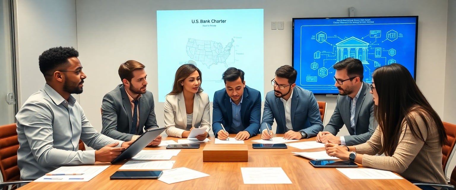 Diverse group of cryptocurrency professionals planning for a U.S. bank charter in a modern conference room