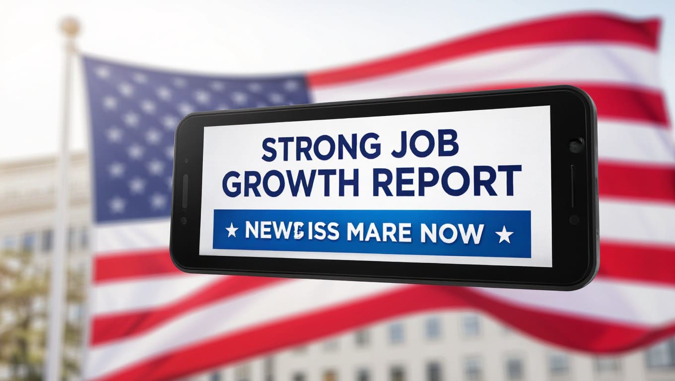 A digital news screen displaying the headline of the strong US jobs report, reflecting the positive impact of job growth and low unemployment.