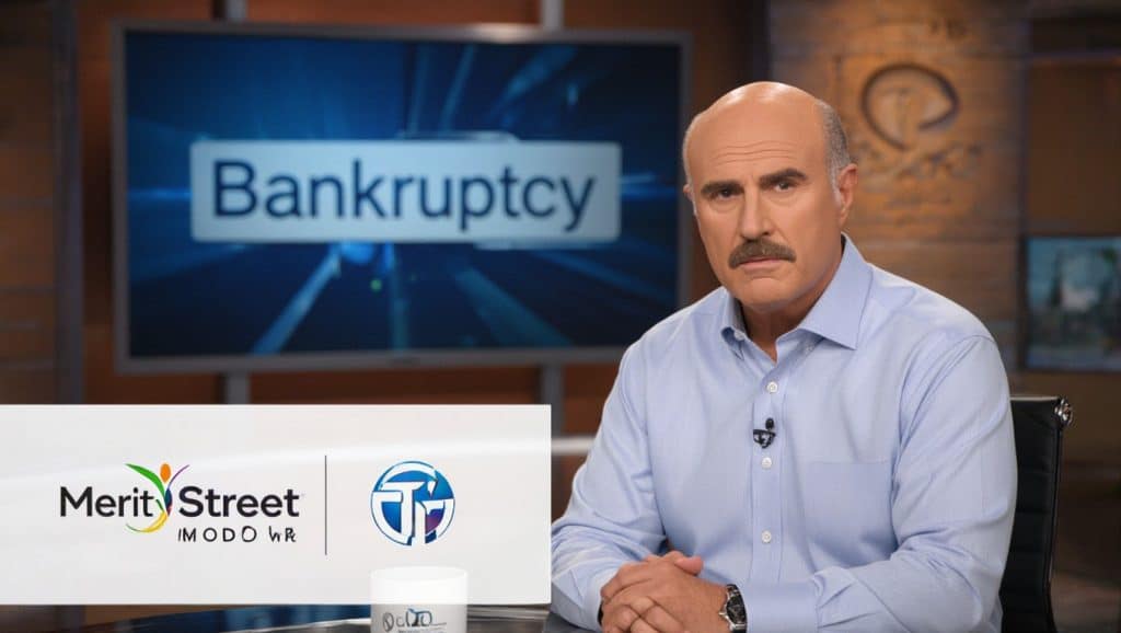 Dr. Phil McGraw in a studio setting, with 'Bankruptcy' sign and logos of Merit Street Media and Trinity Broadcasting Network in the background