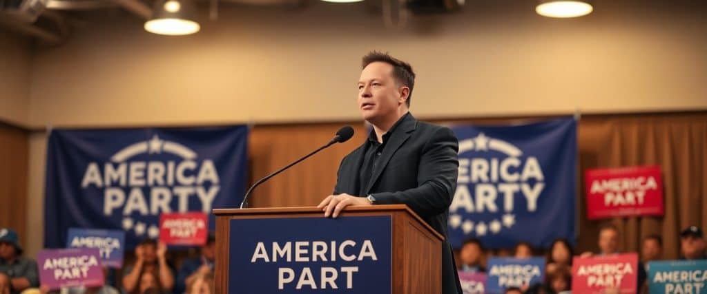 Elon Musk standing at a podium with the 'America Party' logo, addressing supporters