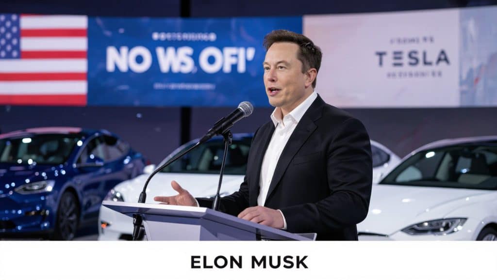 Elon Musk speaking into a microphone, with Tesla cars and political headlines visible in the background, reflecting his continued political influence.