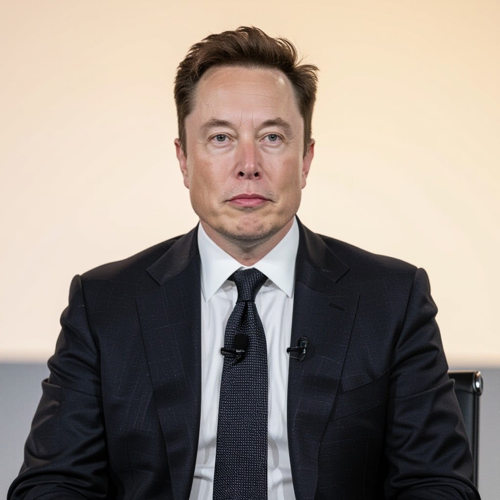 Elon Musk giving a speech, reflecting his stark political threat since the election, with media coverage in the background.