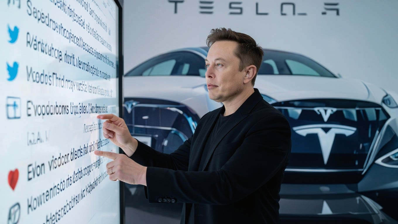 Elon Musk typing political messages on Twitter, with a Tesla logo in the background, symbolizing the impact of his political views on the company.