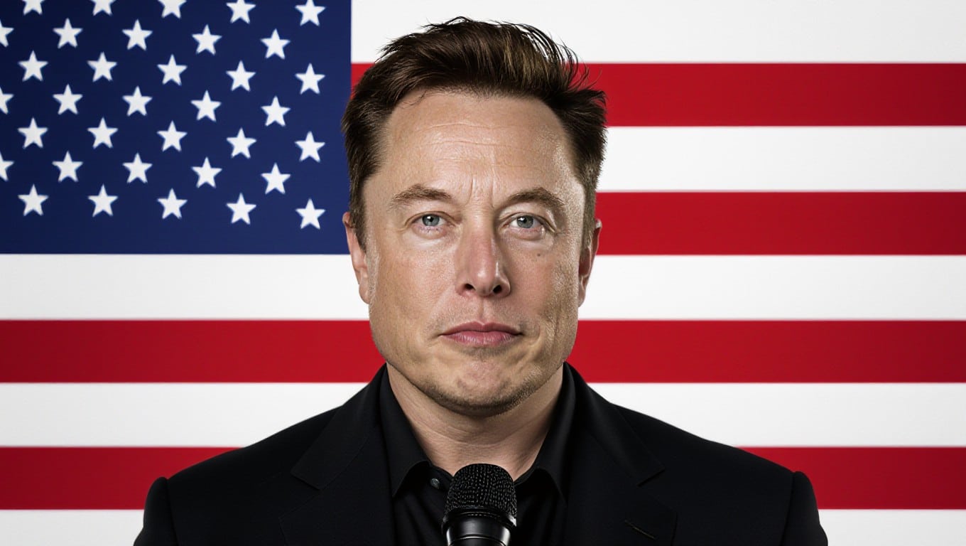 Elon Musk standing before a screen displaying his political threat, surrounded by reporters documenting the significant moment.