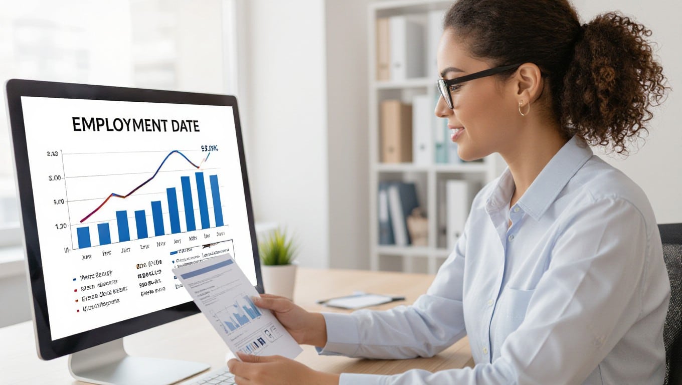 A professional reviewing economic data showing stronger-than-expected job growth and a decline in the unemployment rate in the US.