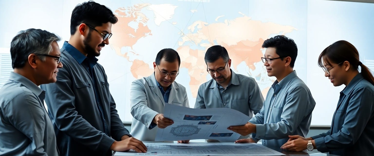 Team of engineers working on chip design schematics, with U.S. and China map in the background