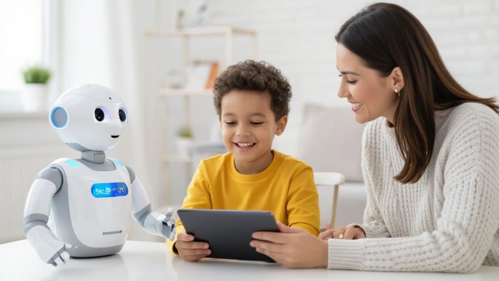 A family using Character.AI's chatbot on a tablet, with a child interacting with a friendly AI character and a parent monitoring the activity.