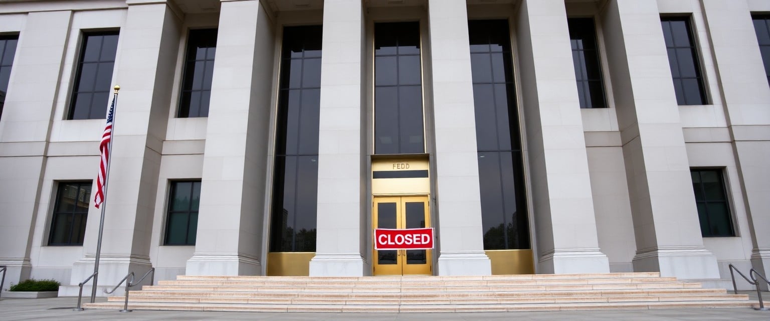 Federal Reserve building with a 'Closed' sign, representing the Fed's decision to maintain current interest rates