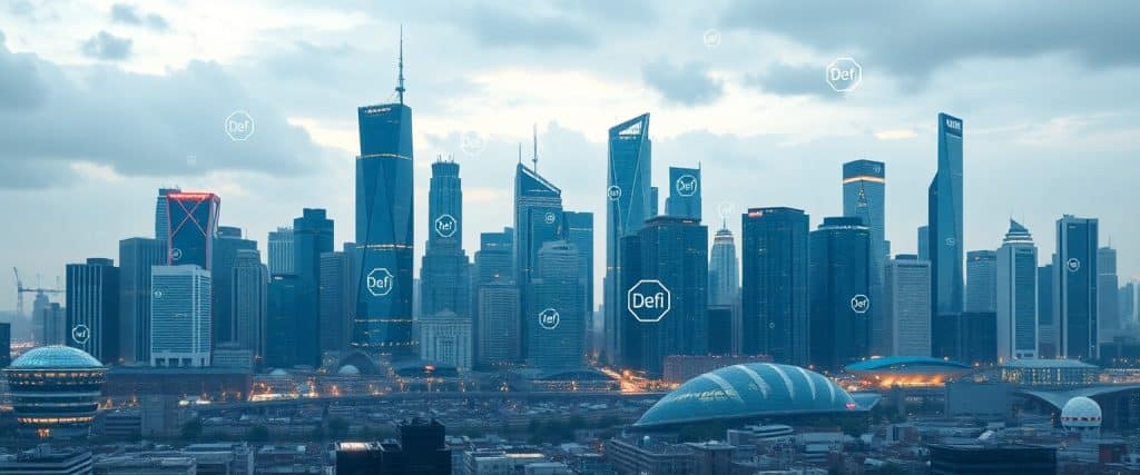 Futuristic city skyline with digital financial symbols representing the integration of DeFi into urban infrastructure