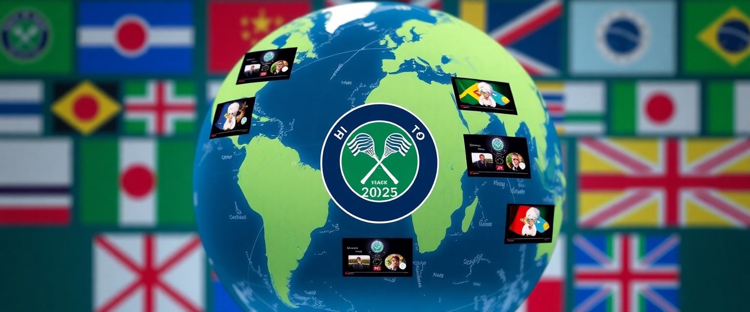 A globe displaying countries with highlighted streaming platforms for Wimbledon 2025 Men's Semifinals