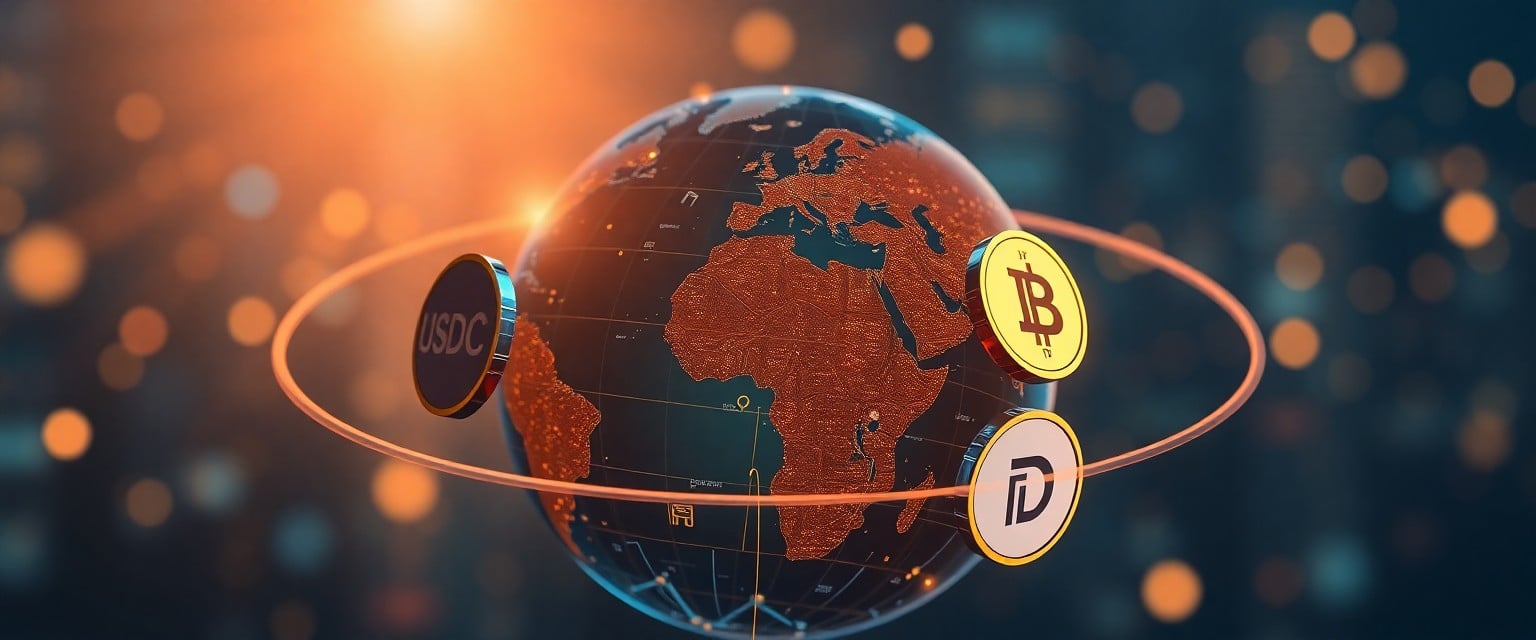 Digital globe with stablecoin symbols representing global corporate adoption of stablecoins