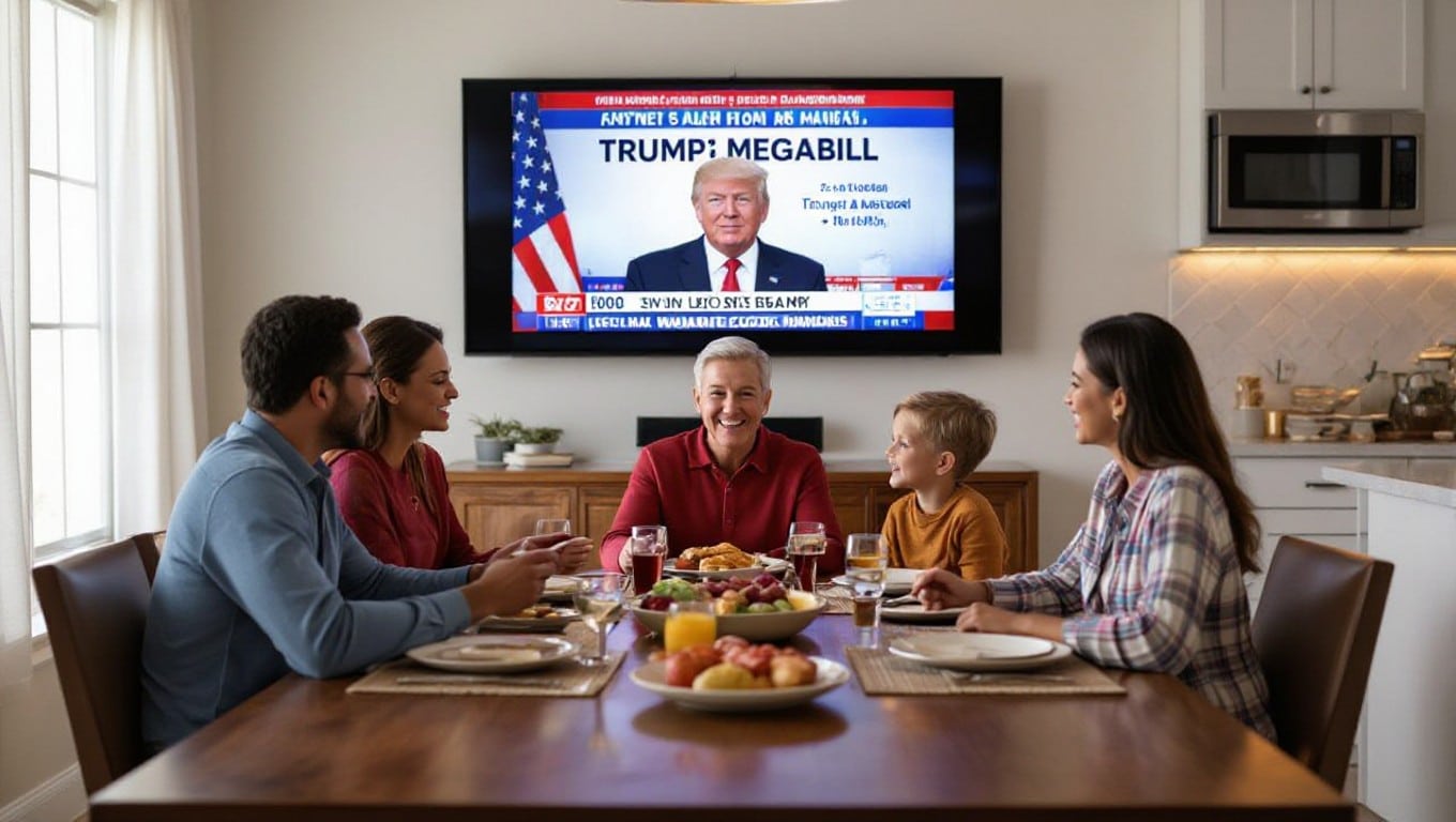 A family gathered around a table, with a screen showing Trump’s Megabill, highlighting how the bill will affect everyday life in America.