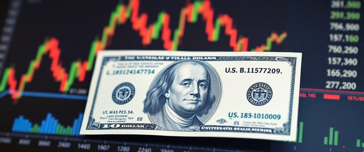U.S. dollar bill with fluctuating stock market charts in the background, symbolizing the economic impact of tariffs