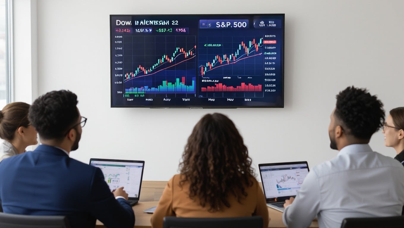 Diverse group of investors watching a screen displaying the Dow Jones Industrial Average and S&P 500 reaching new highs.