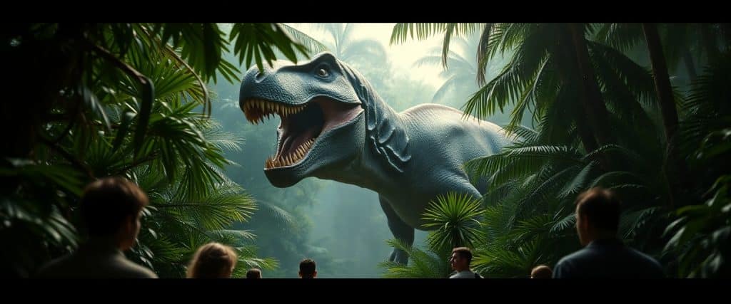 Massive dinosaur emerging from jungle foliage in 'Jurassic World Rebirth.'