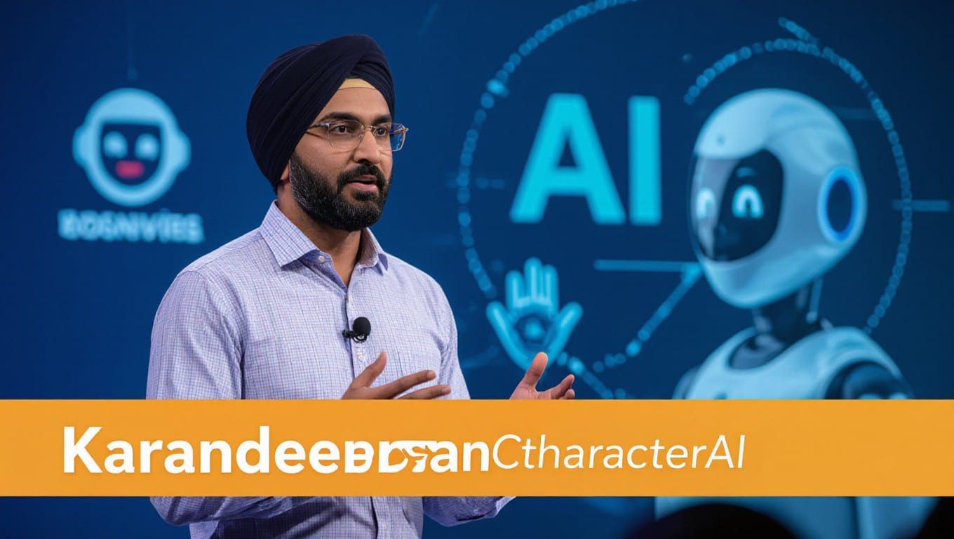 Karandeep Anand, CEO of Character.AI, presenting at a tech conference, focusing on enhancing child safety in AI chatbot interactions.