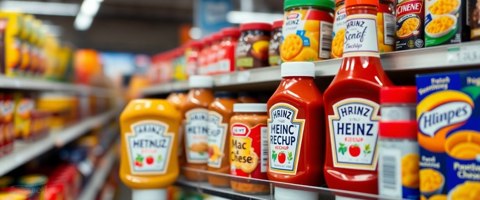 Kraft Heinz products like ketchup and mac & cheese on grocery store shelf