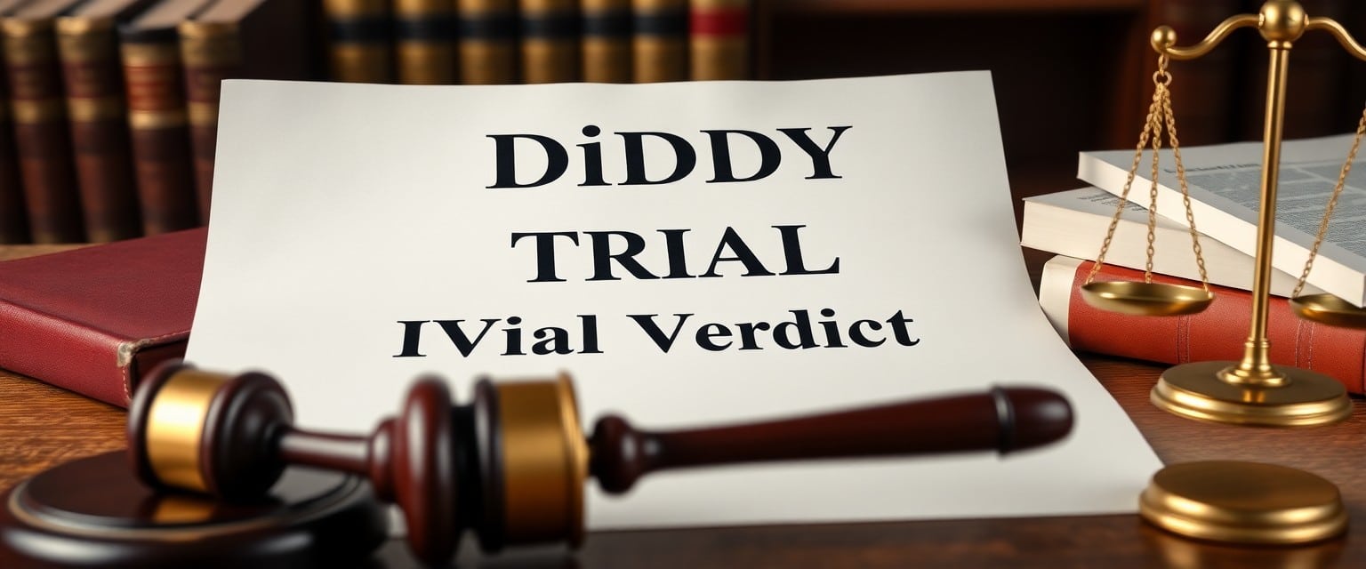 Legal document with the words 'Diddy Trial Verdict' prominently displayed, surrounded by gavel and scales of justice
